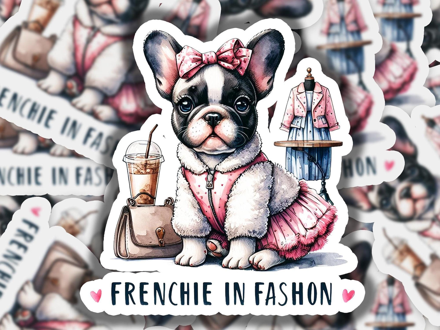 a sticker of a frenchie in a pink dress