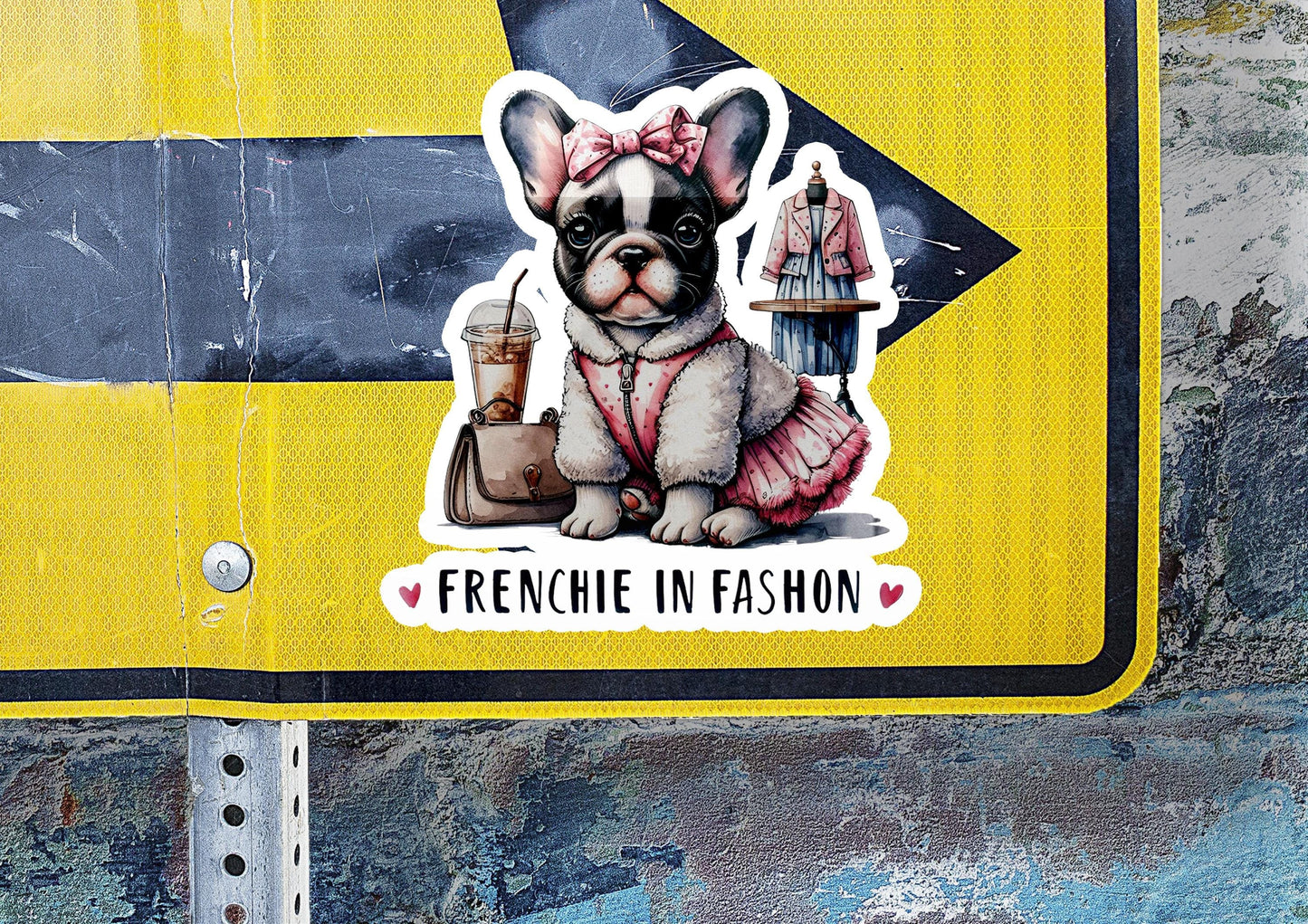 a sticker of a frenchie in fashion on a street sign
