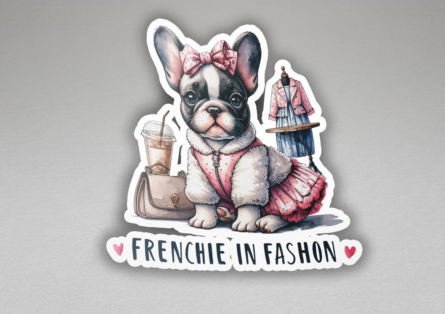 a sticker of a frenchie in a pink dress