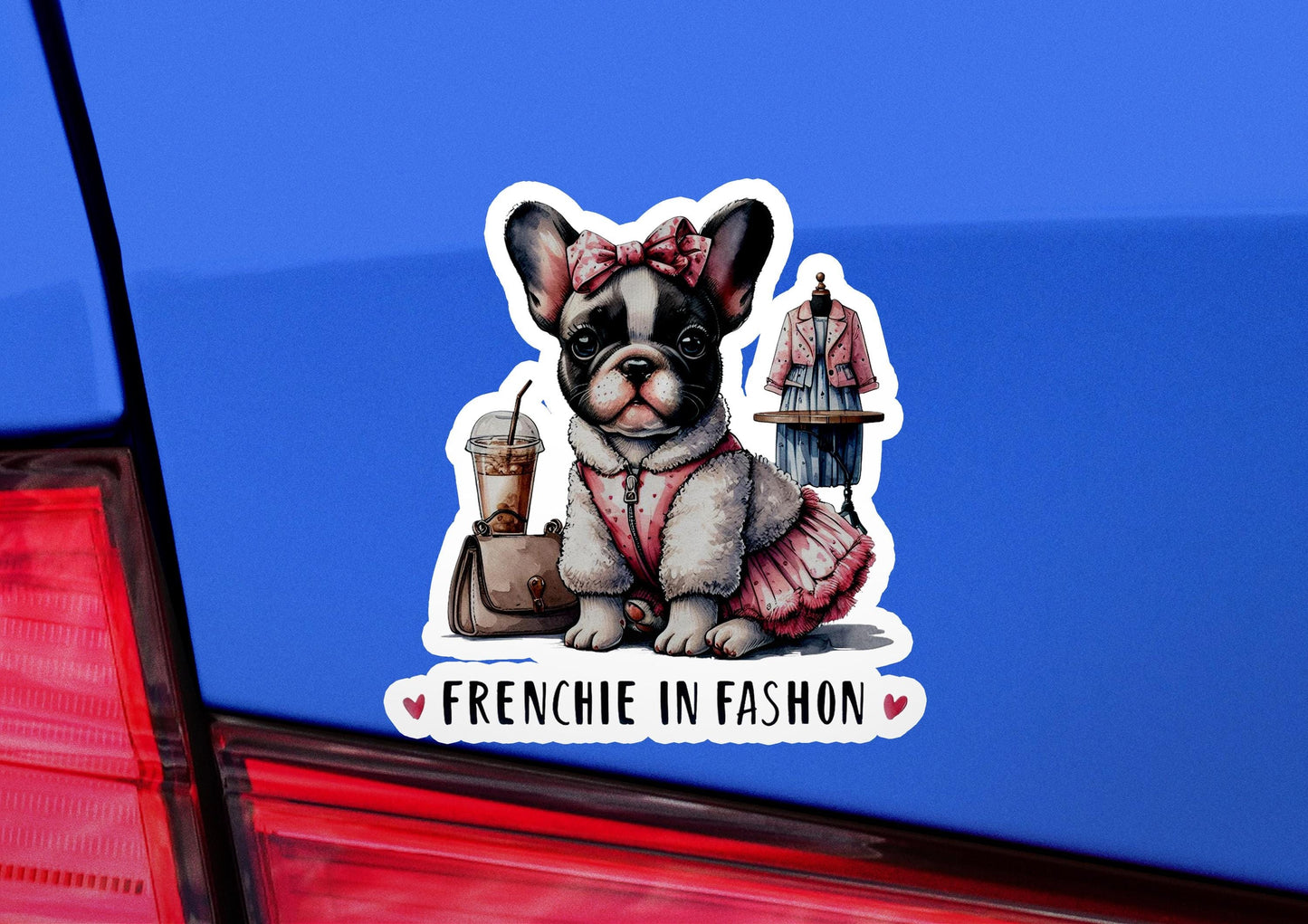 a sticker of a frenchie in a pink dress