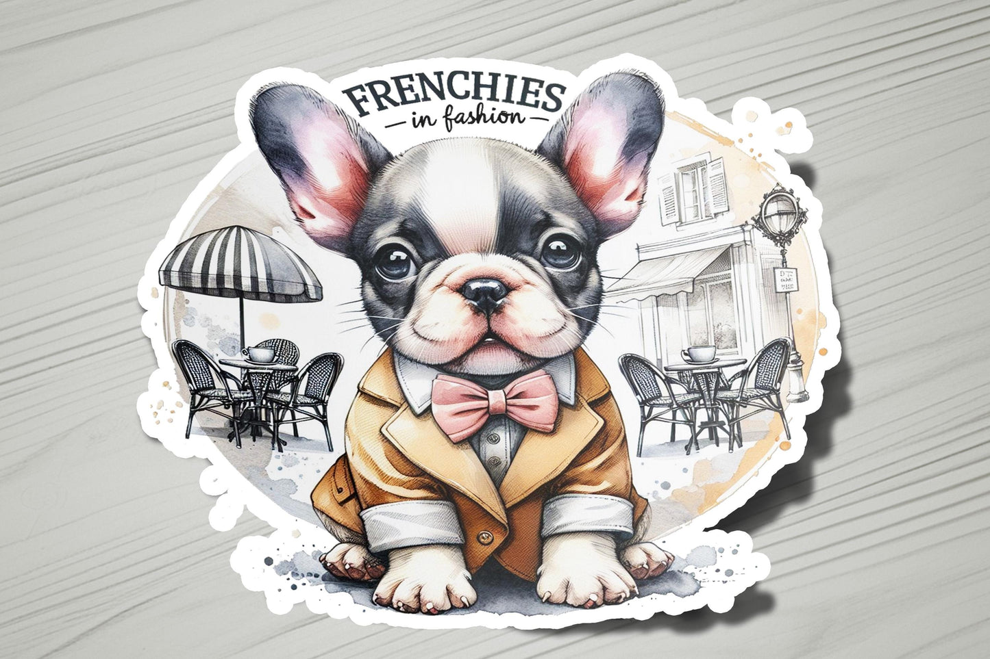 a sticker of a dog wearing a suit and bow tie