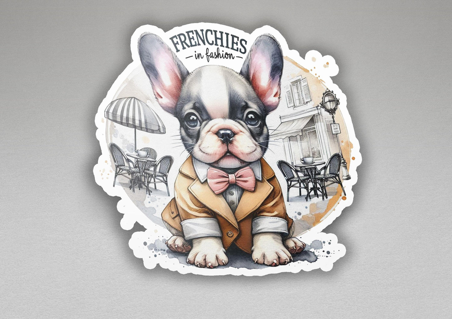 a sticker of a dog wearing a suit and bow tie