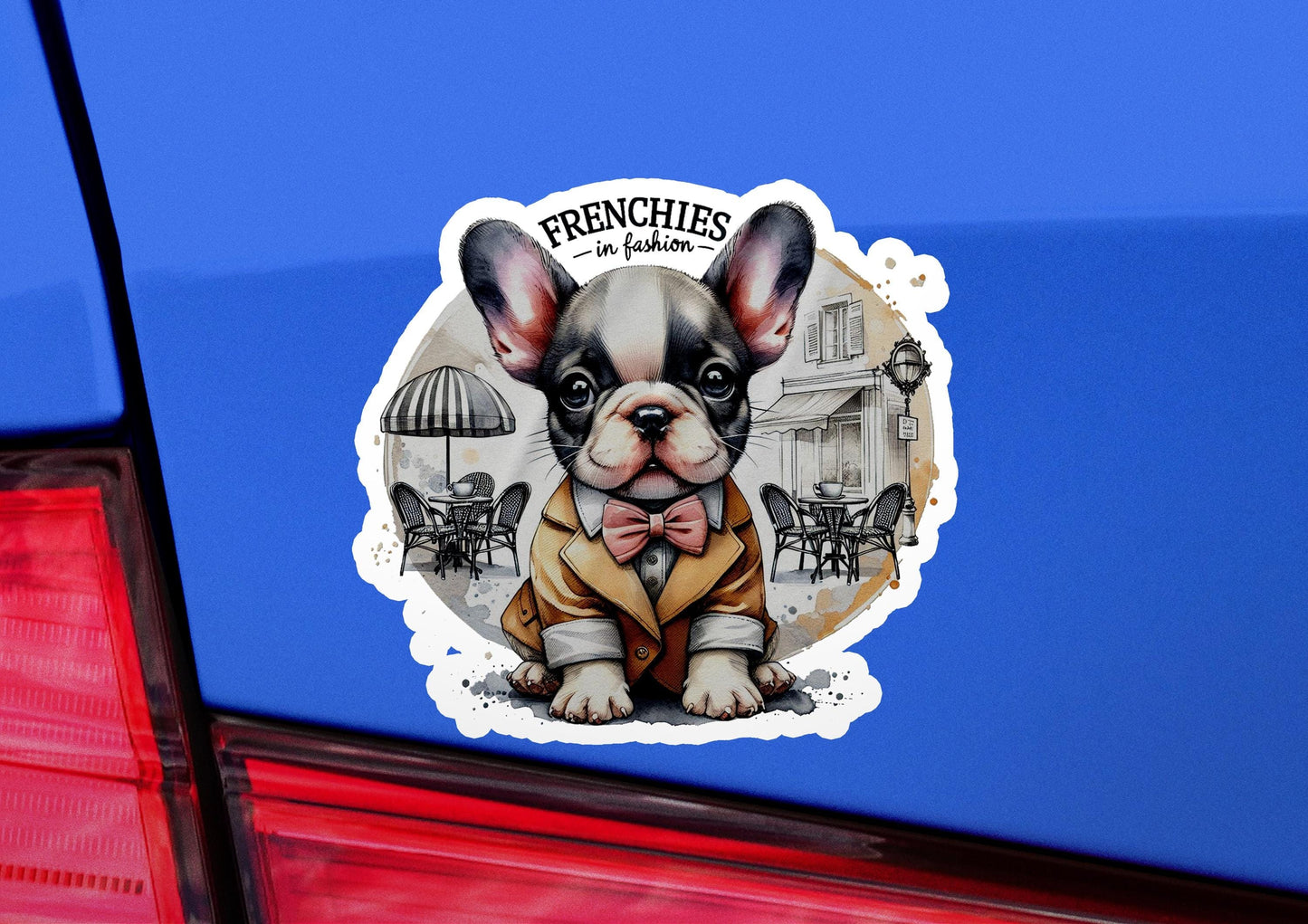 a sticker of a dog wearing a suit and bow tie