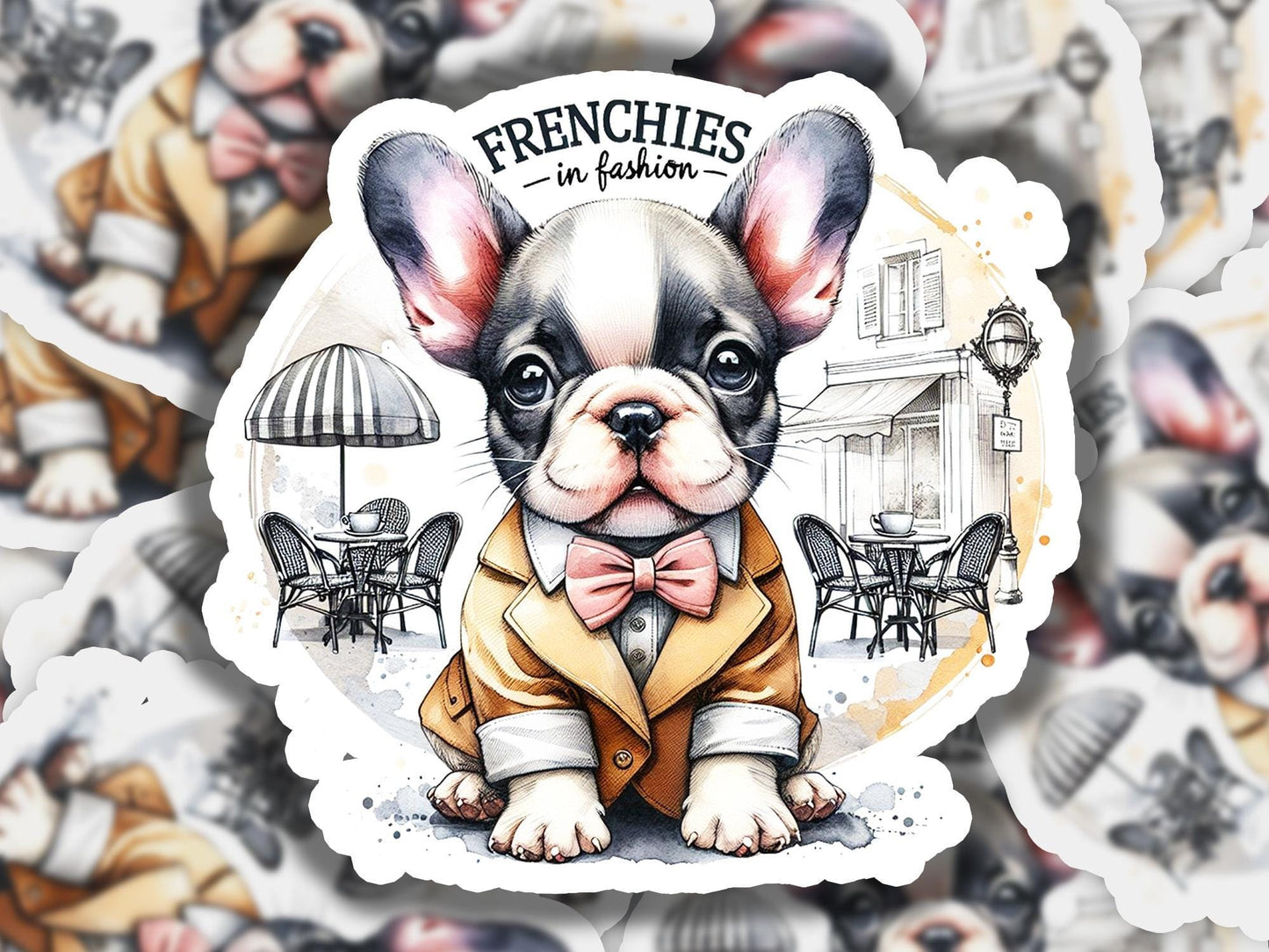 a sticker of a dog wearing a suit and bow tie