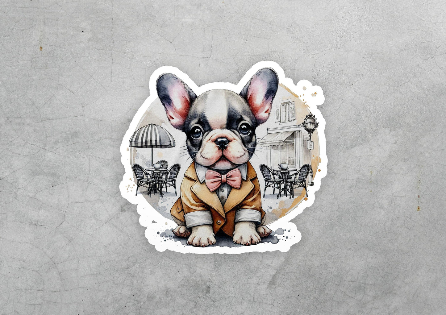 a sticker of a dog wearing a suit and bow tie