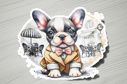 a sticker of a dog wearing a suit and bow tie