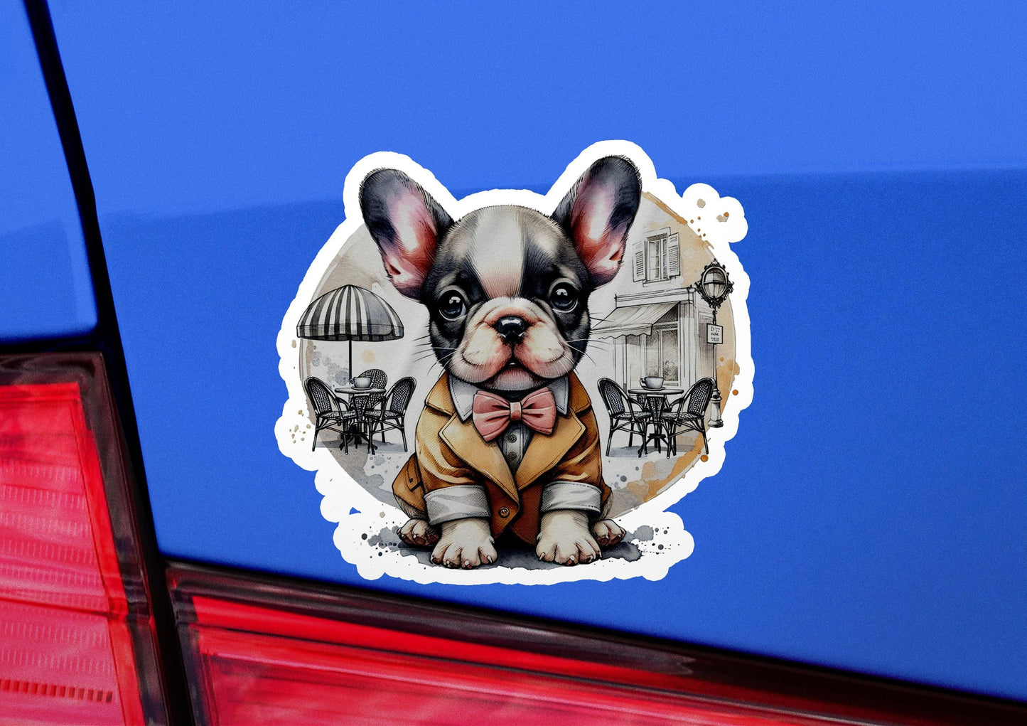 a sticker of a dog wearing a suit and bow tie