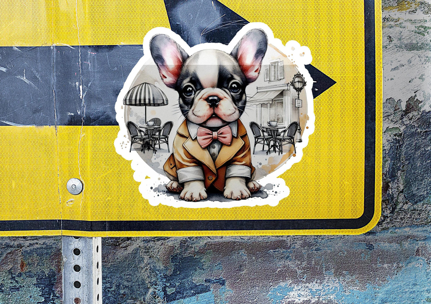a sticker of a dog wearing a bow tie