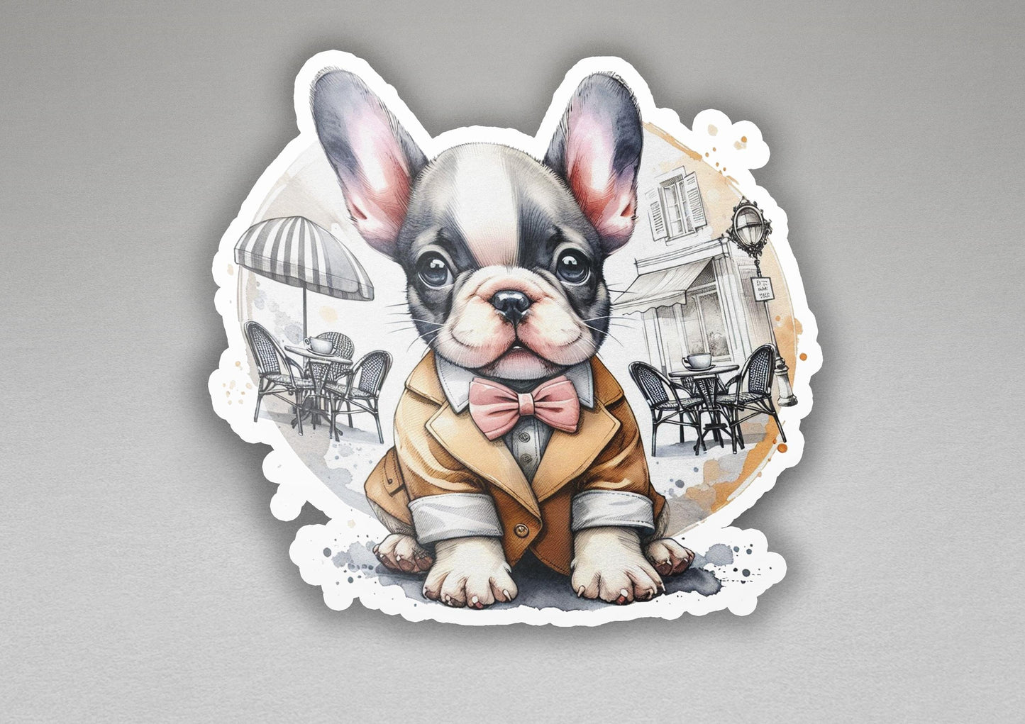 a sticker of a dog wearing a suit and bow tie