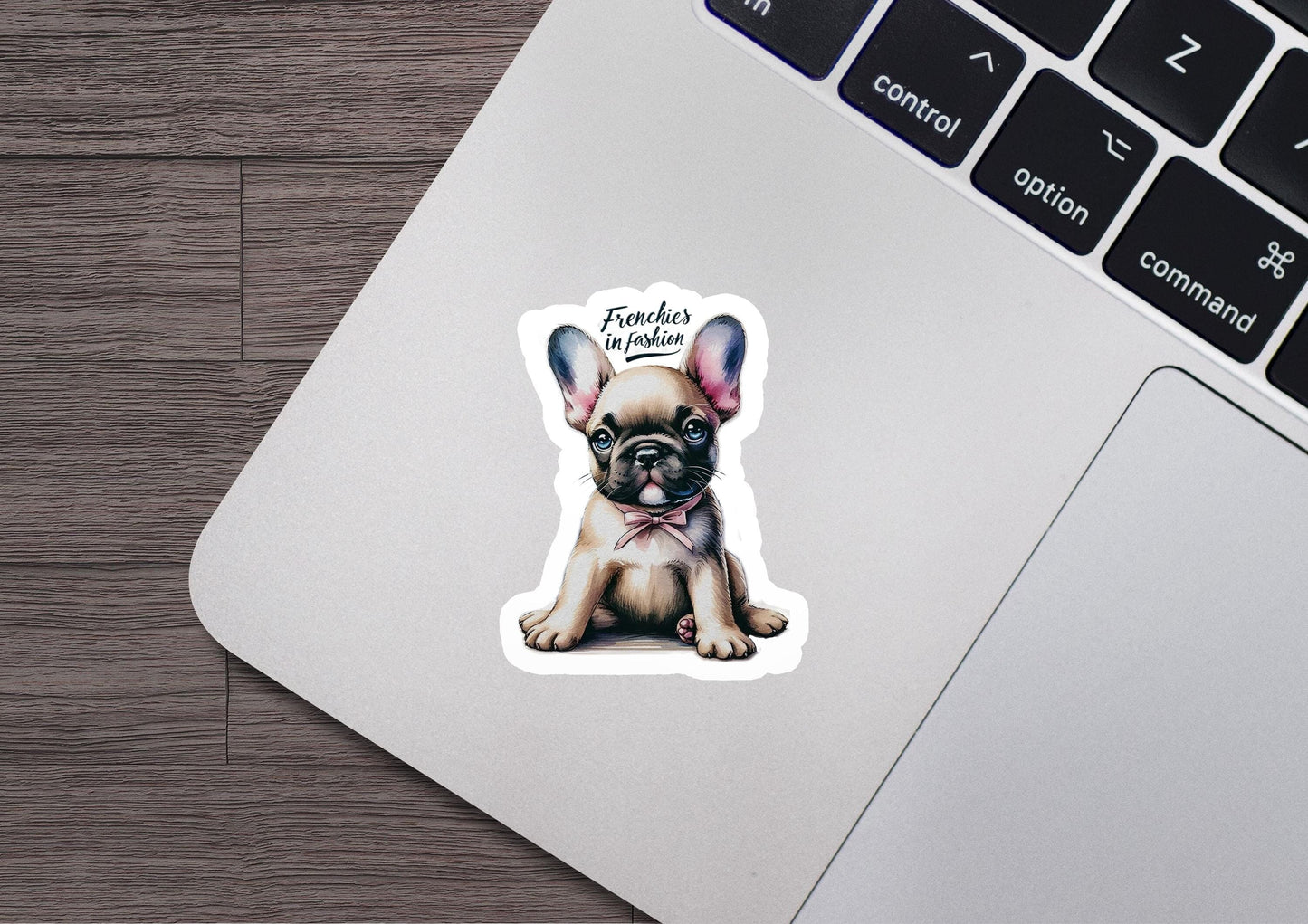 a sticker of a french bulldog on a laptop