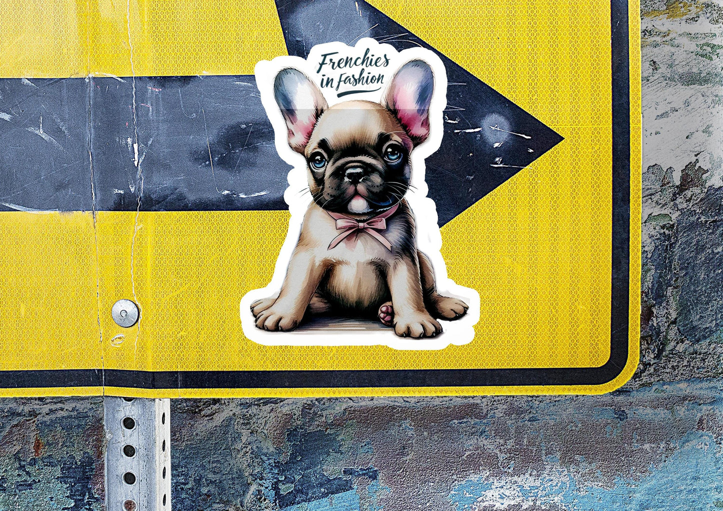 a sticker of a dog sitting on a street sign