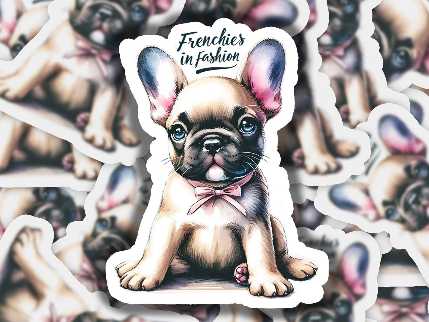 a sticker of a dog with a bow tie