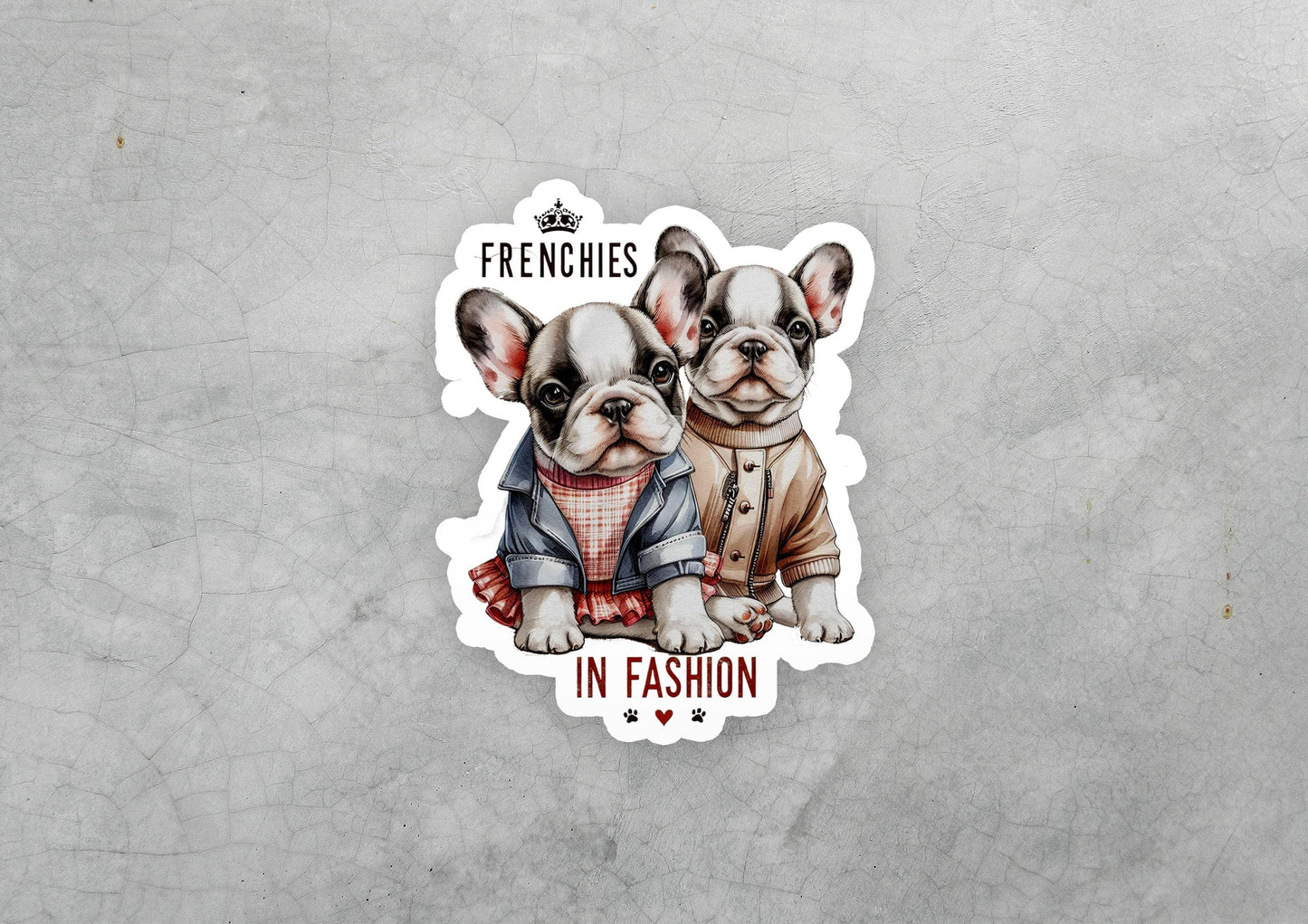 a sticker of two french bulldogs wearing clothes