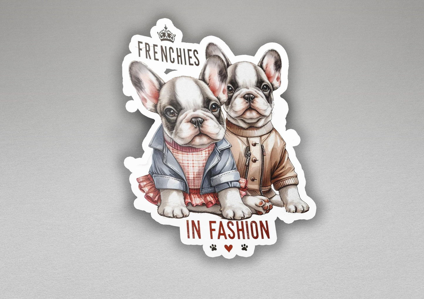 a sticker of two french bulldogs wearing clothes