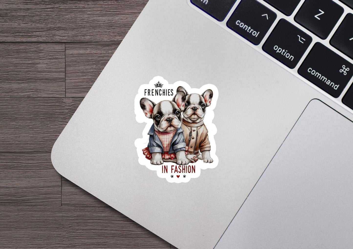 a laptop with a sticker of two french bulldogs