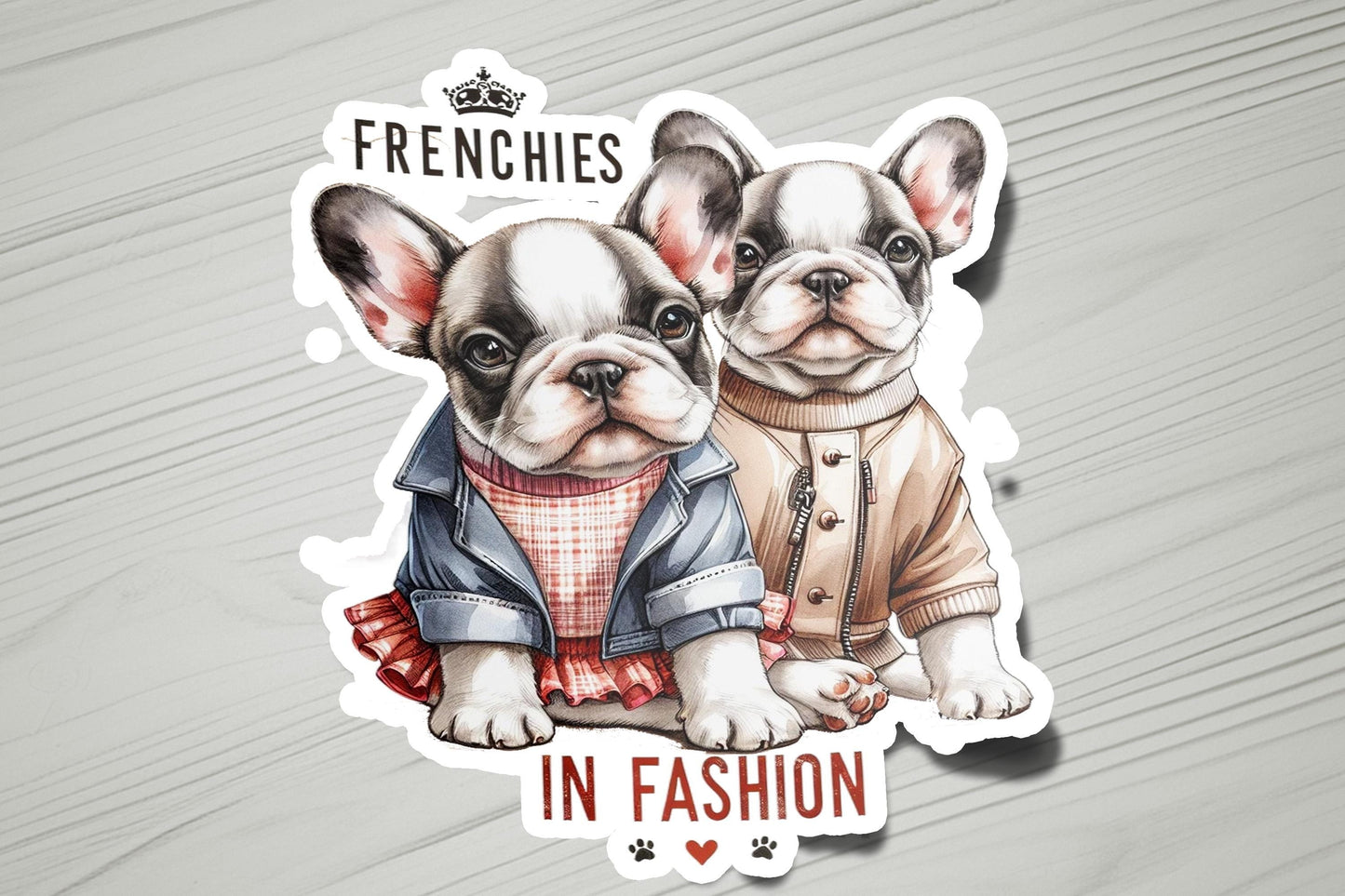 a pair of french bulldogs stickers on a wooden surface