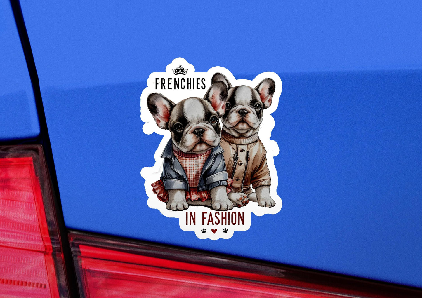 a pair of french bulldogs stickers on the back of a car
