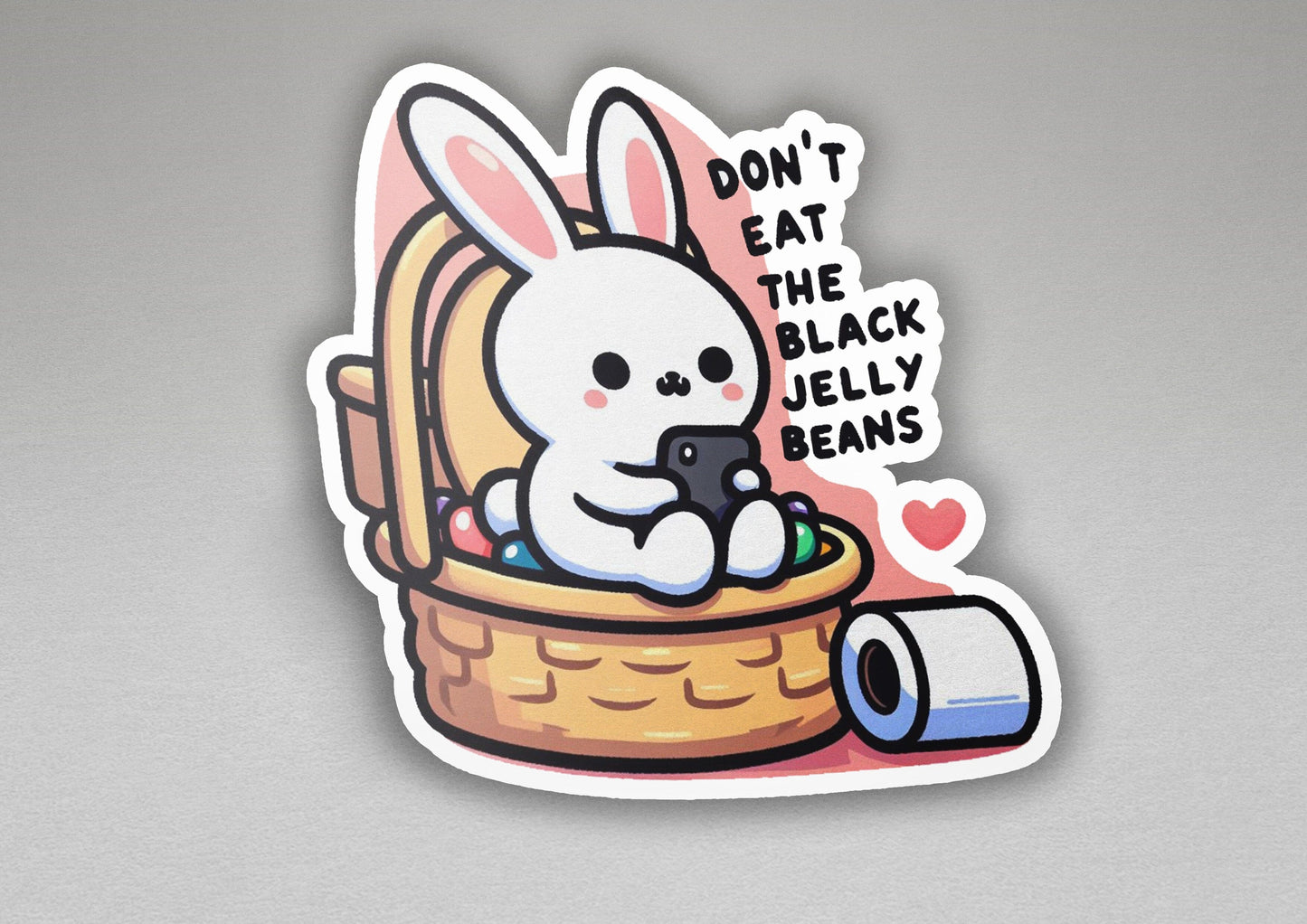 a sticker of a bunny in a basket with a cell phone