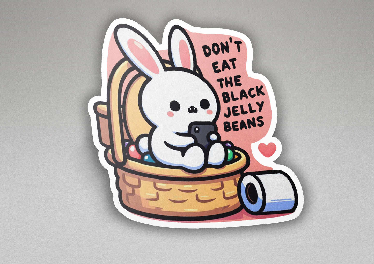 a sticker of a bunny in a basket with a cell phone