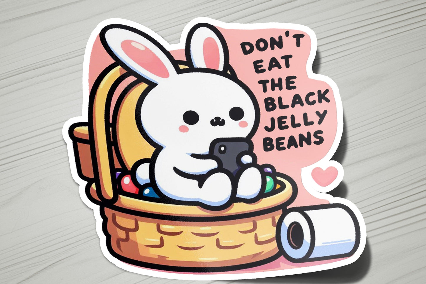 a sticker of a bunny holding a cell phone