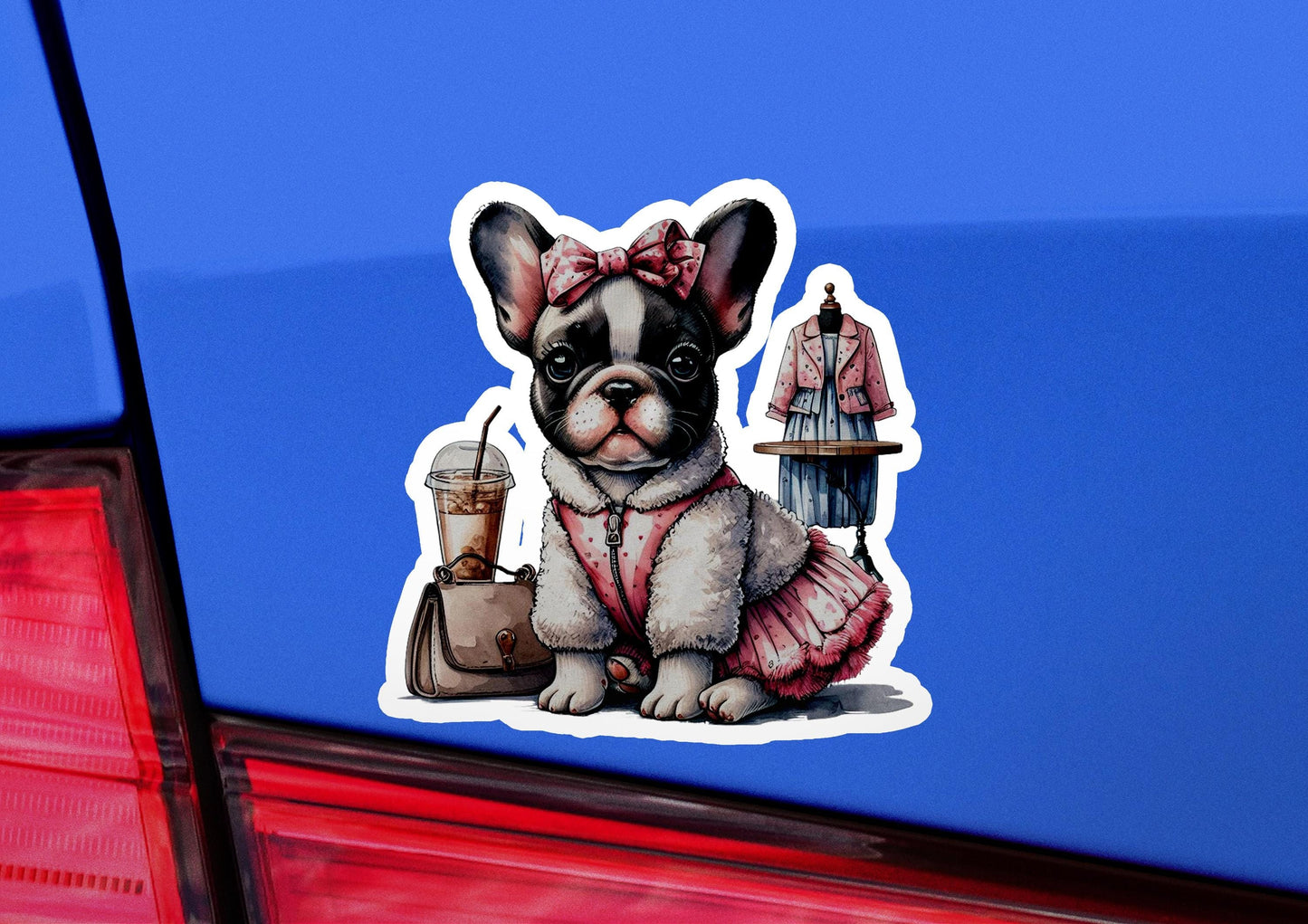 a sticker of a dog wearing a pink dress