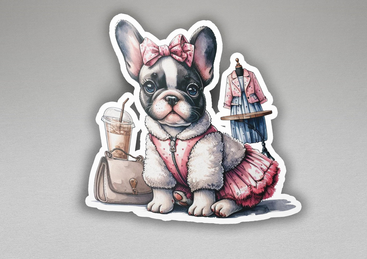 a sticker of a dog in a pink dress