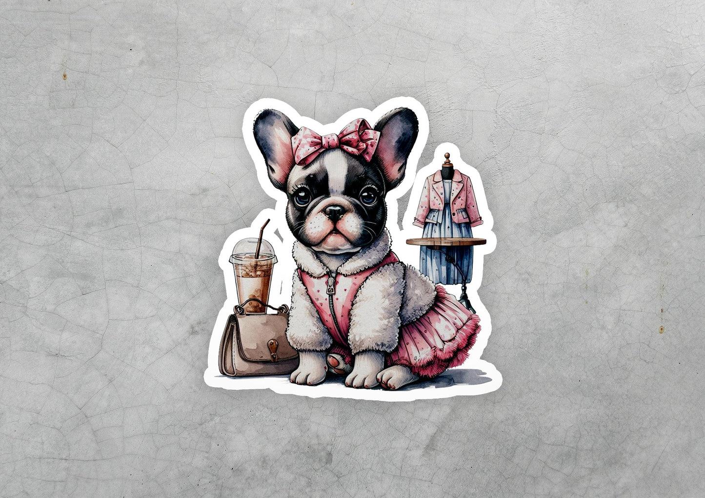 a sticker of a dog in a pink dress