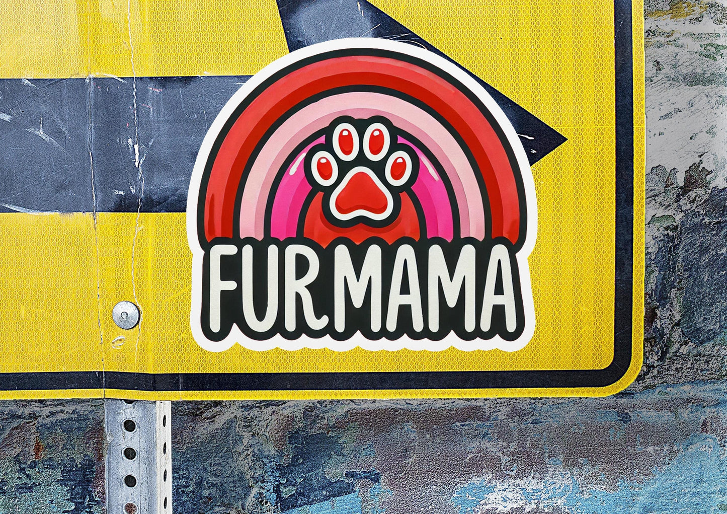 a close up of a street sign with a dog paw