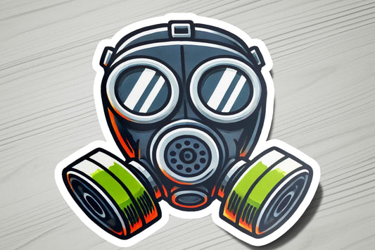 a sticker with a gas mask on it