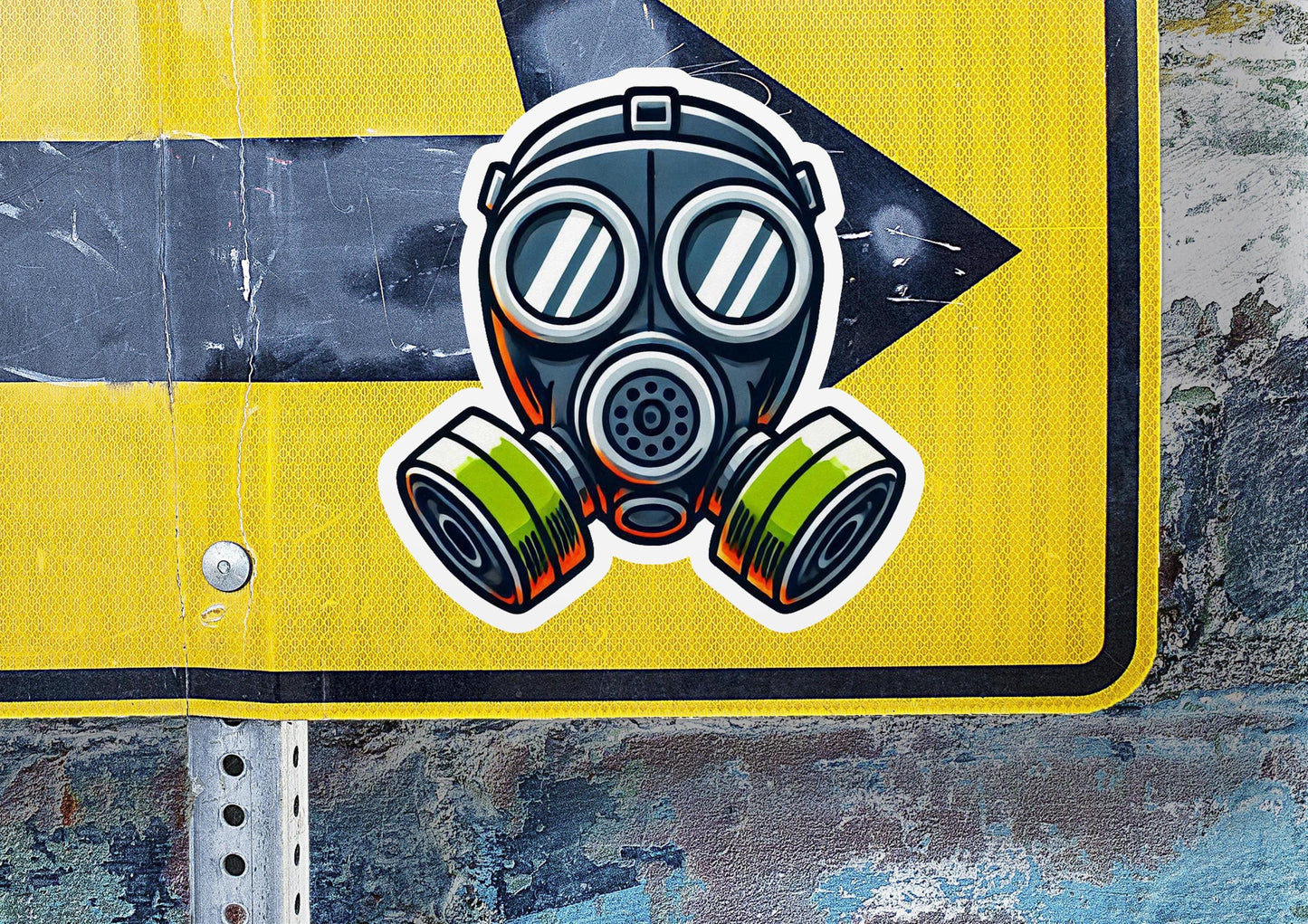a yellow sign with a gas mask on it