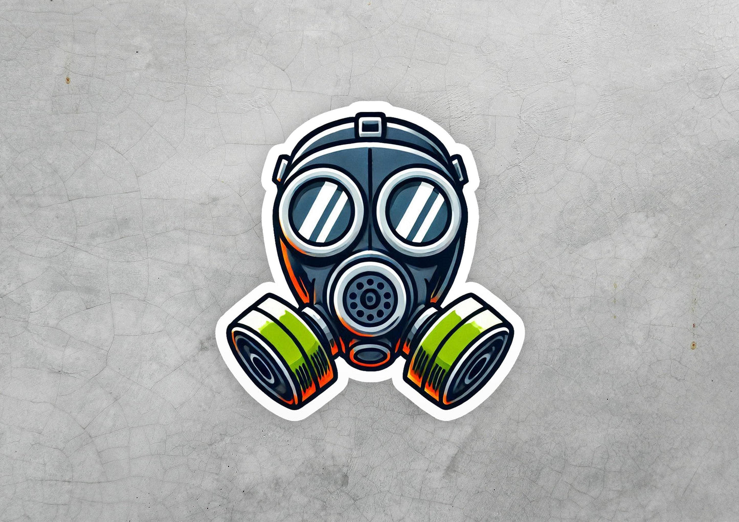 a sticker with a gas mask on it