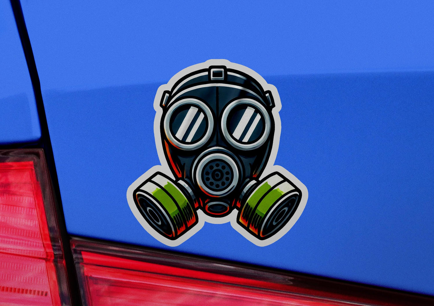 a gas mask sticker on the back of a car