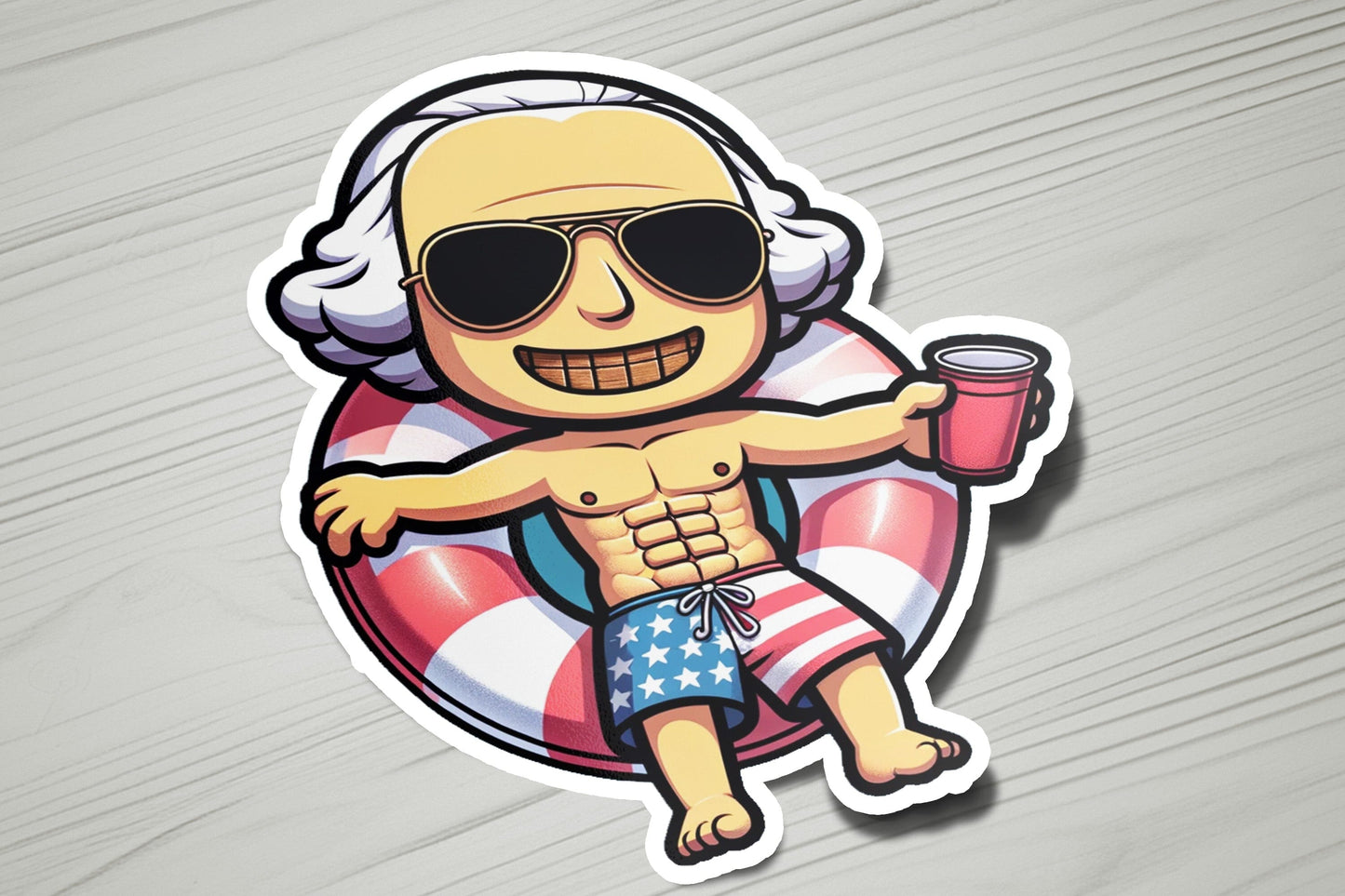 a sticker of an old man wearing sunglasses and a life preserver