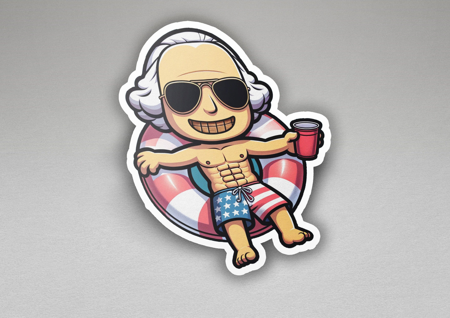 a sticker of an old man with a cup of coffee
