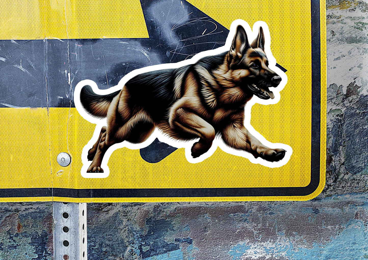 a sticker of a dog running across a street