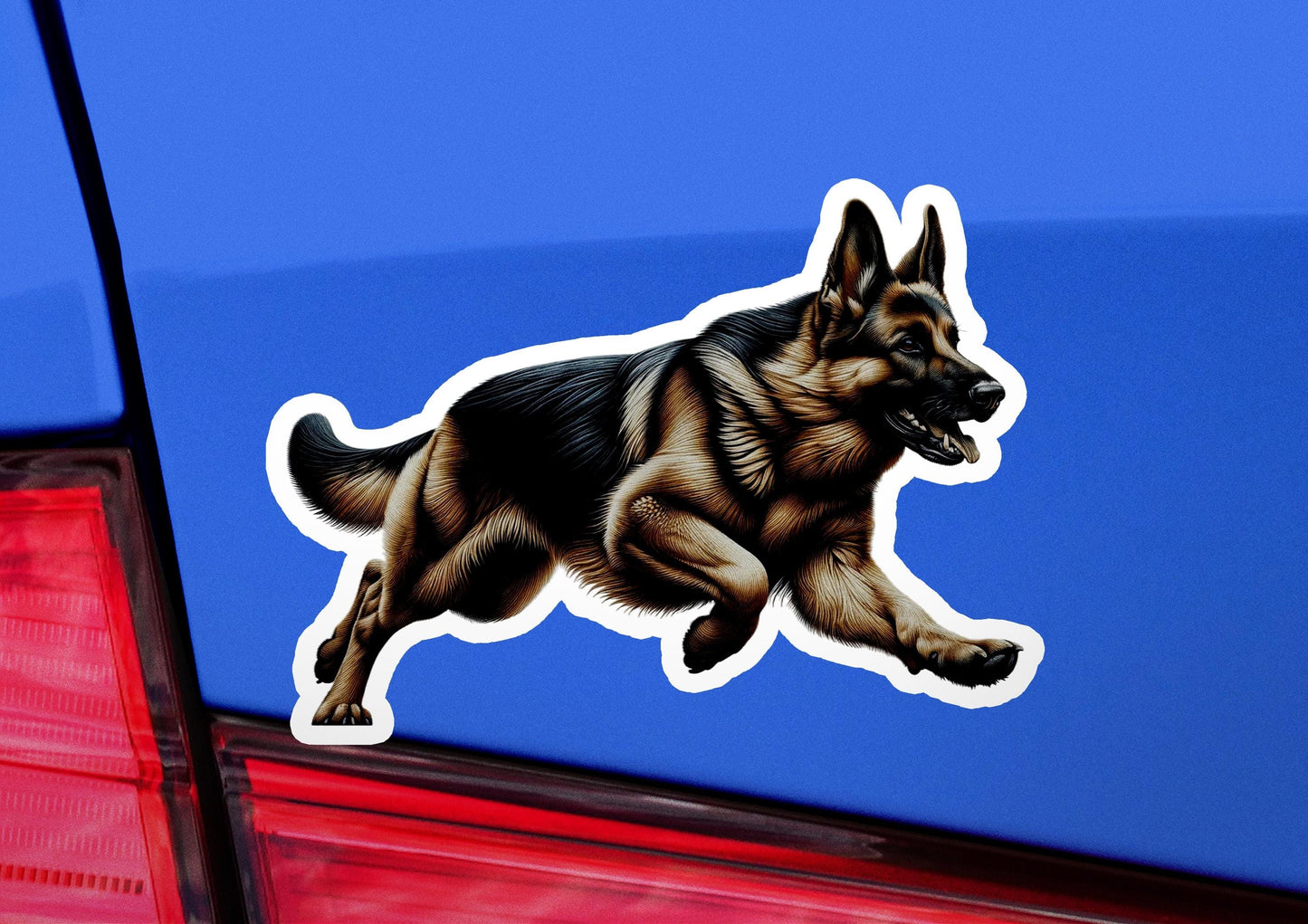 a sticker of a dog running on the back of a car