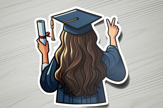 a sticker of a woman wearing a graduation cap