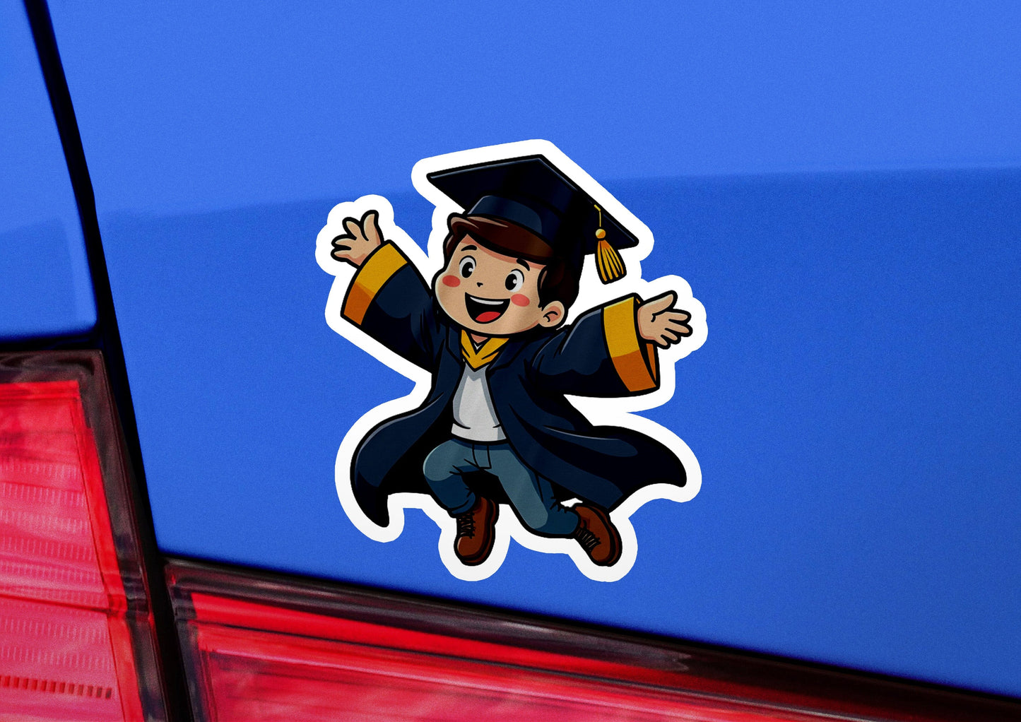 a car with a sticker of a graduate jumping in the air