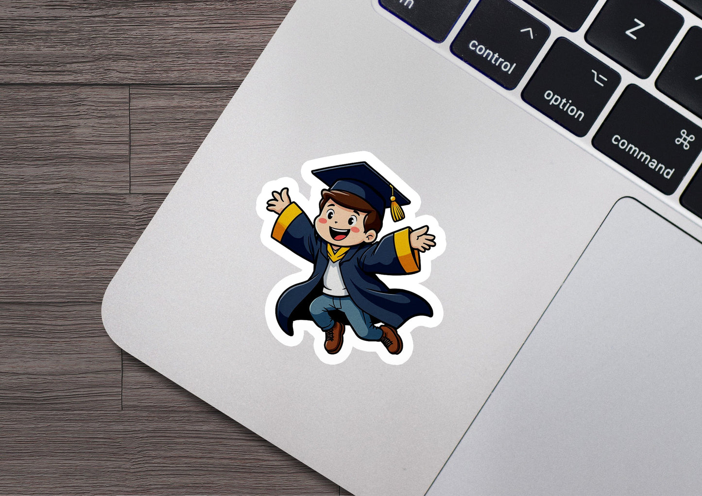 a laptop with a sticker of a graduate