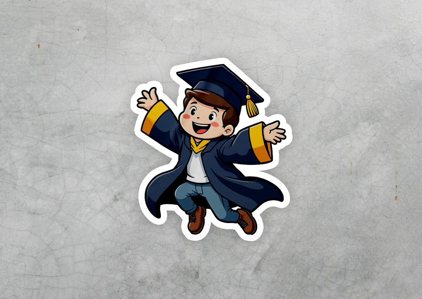 a sticker of a graduate jumping in the air