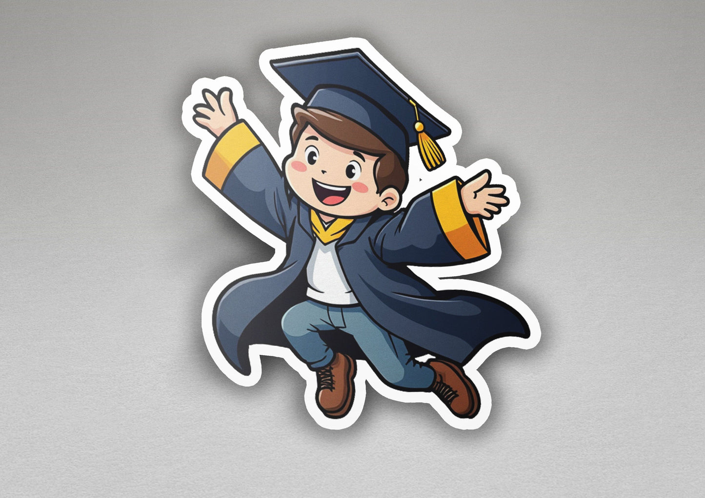 a sticker of a boy in a graduation cap and gown