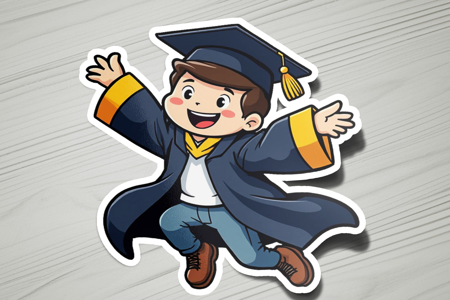 a sticker of a boy in a graduation cap and gown