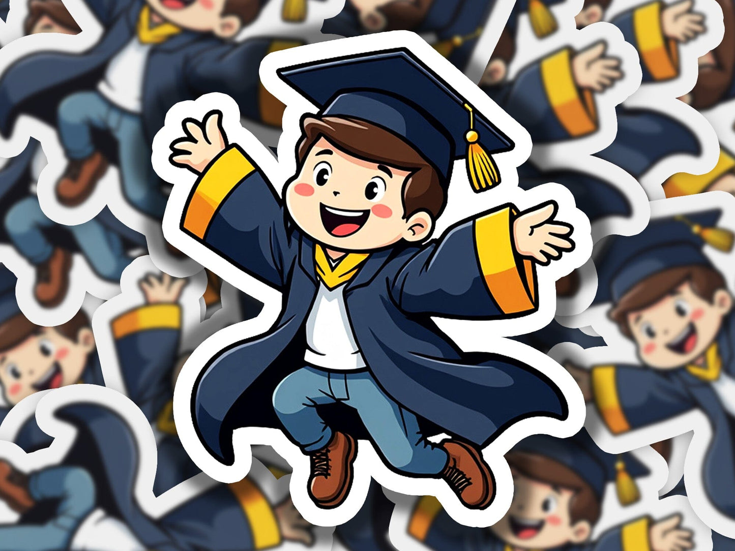 a sticker of a boy in a graduation cap and gown