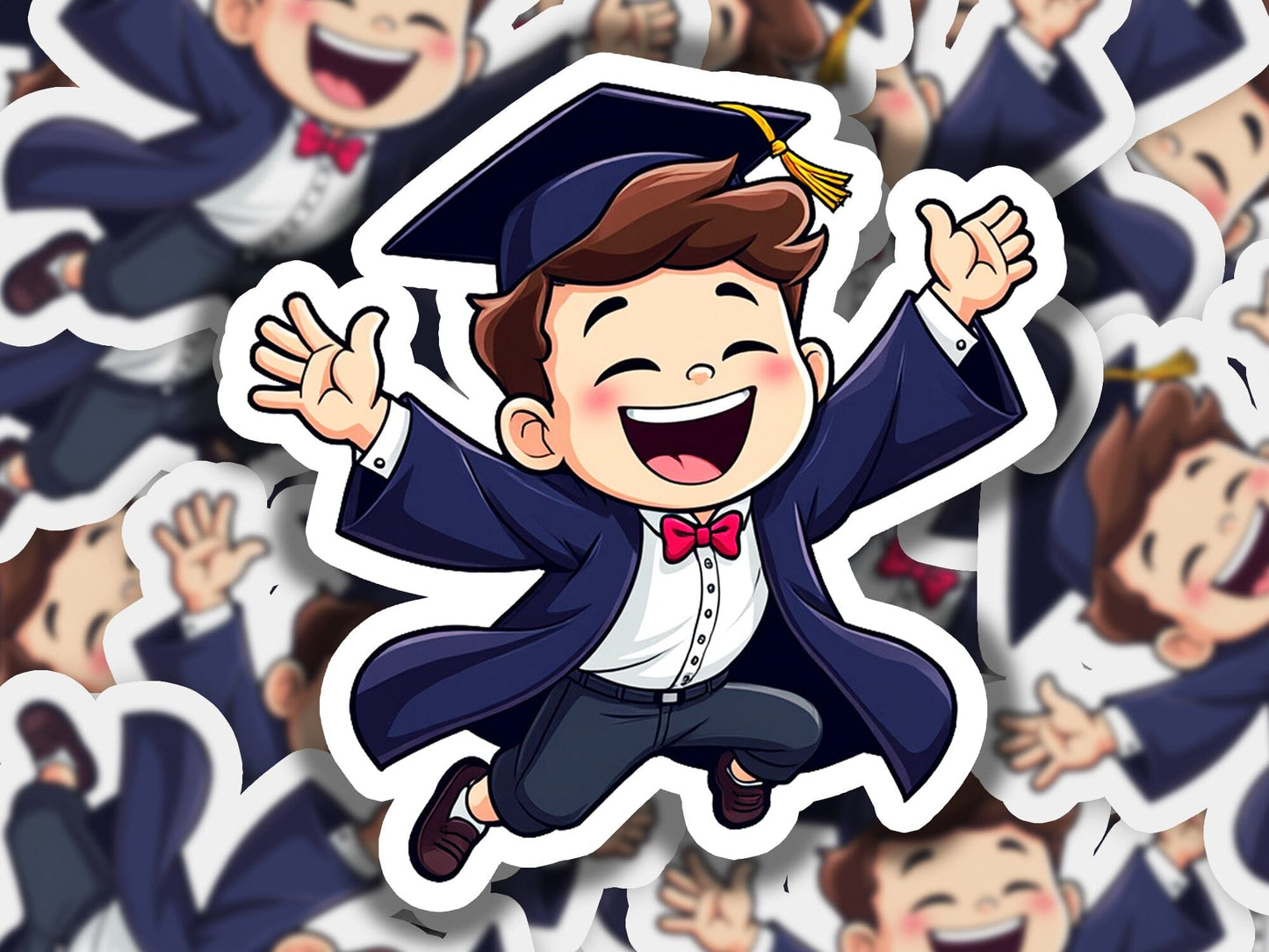 a sticker of a boy in a graduation cap