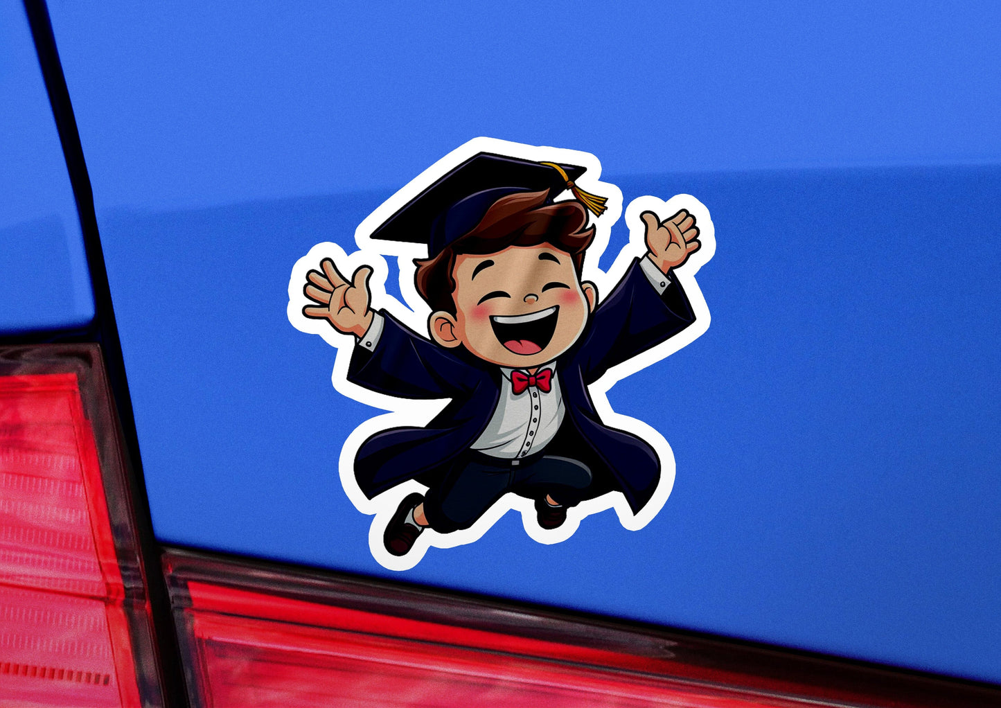 a sticker of a graduate jumping in the air