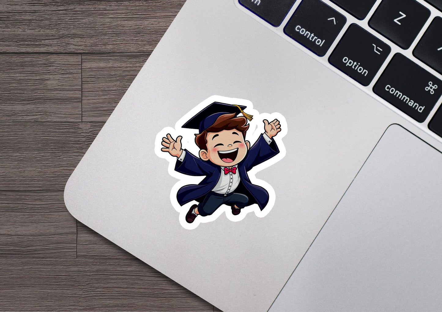 a laptop with a sticker of a boy in a graduation cap