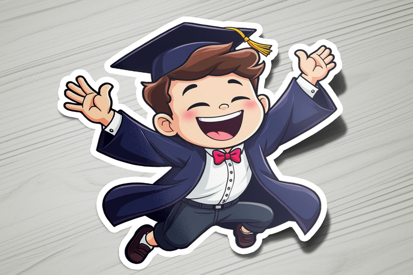 a sticker of a boy in a graduation cap and gown