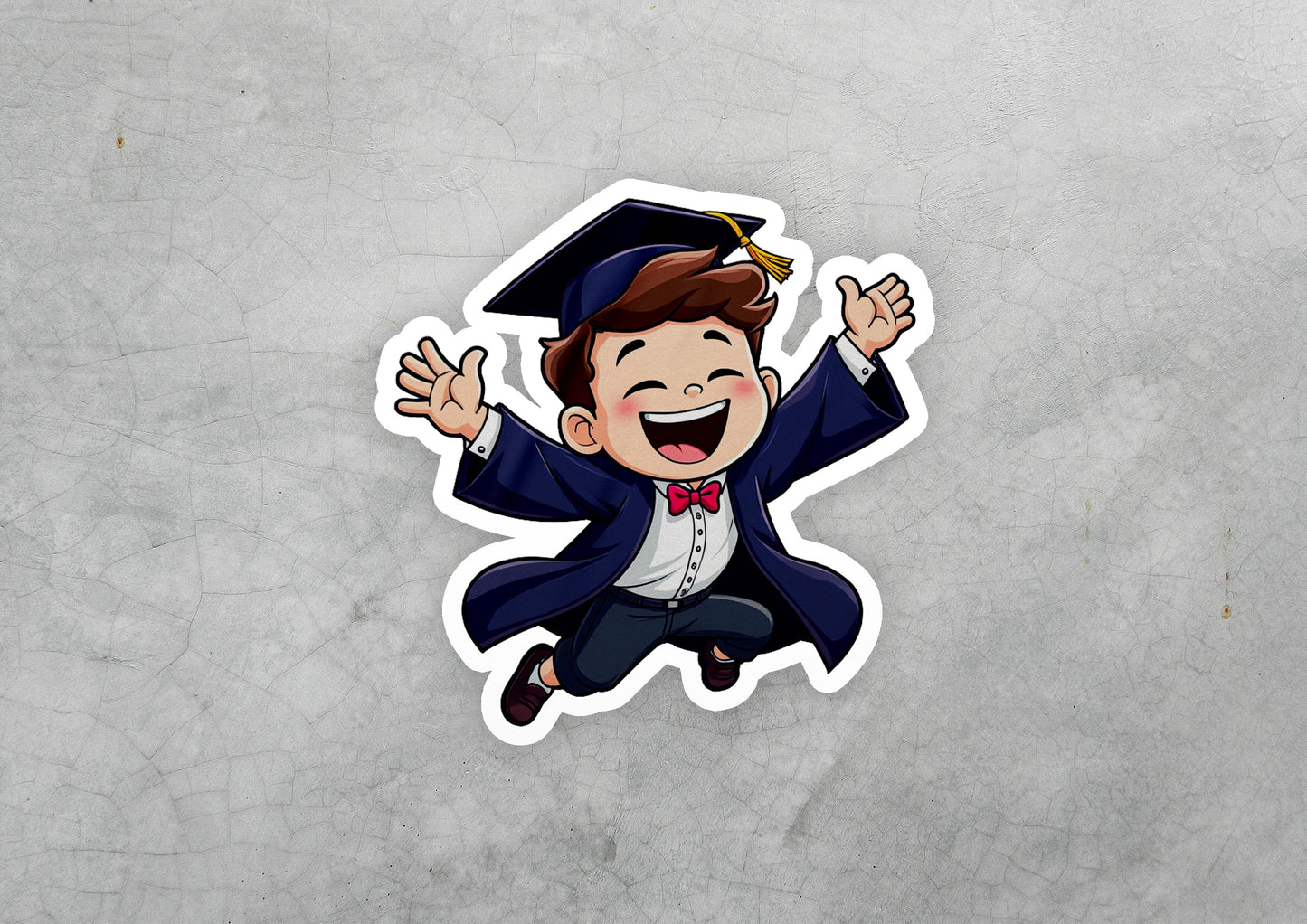 a sticker of a graduate jumping in the air