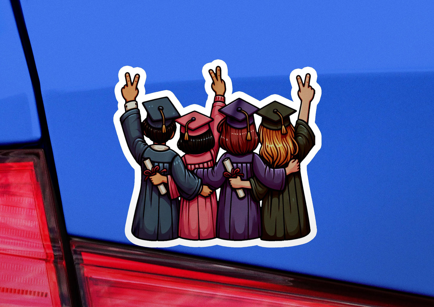 a car with a sticker of three graduates on it