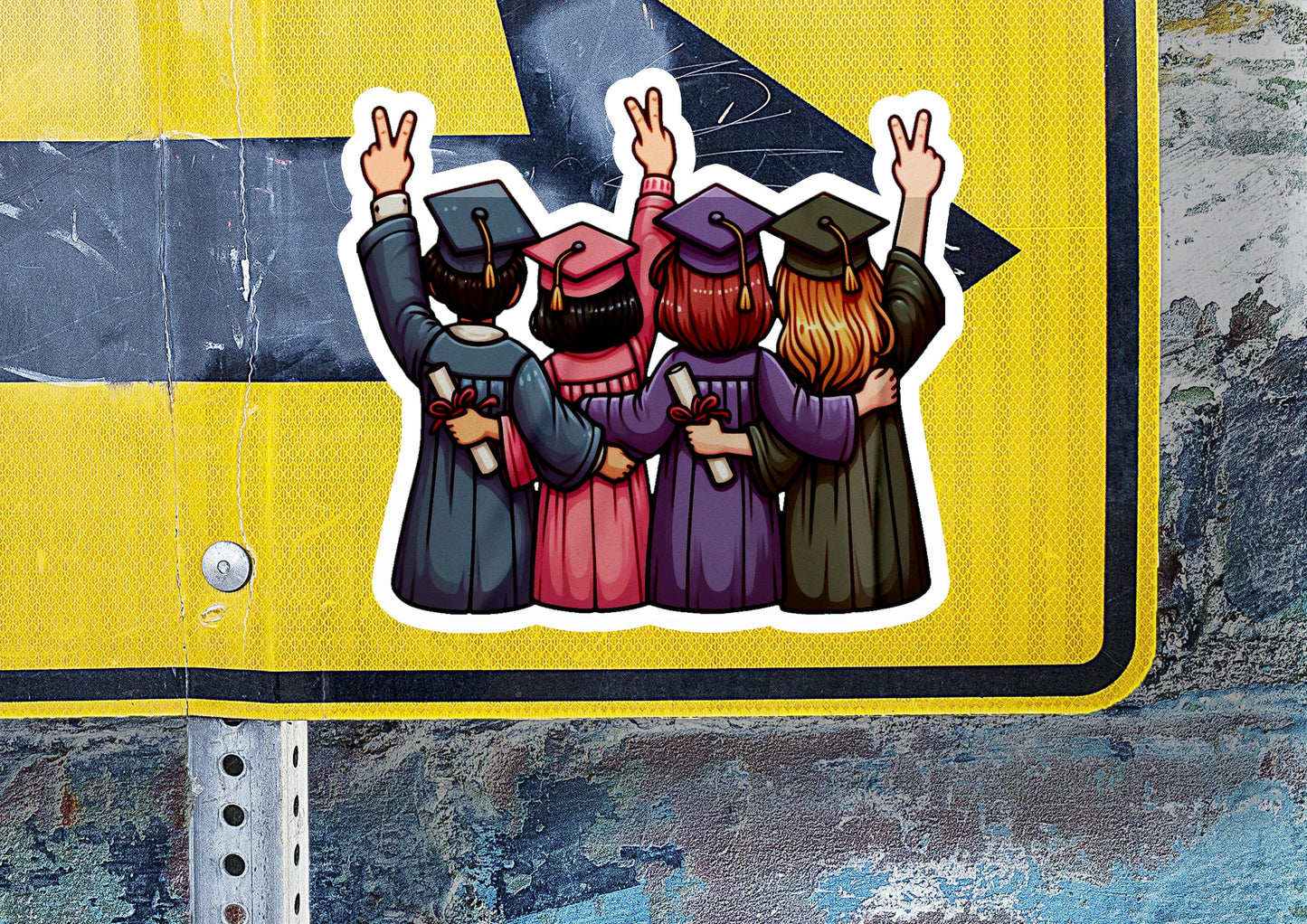 a sticker of a group of people standing in front of a street sign